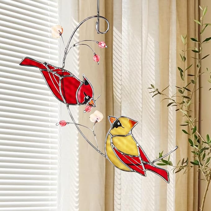 Stained Glass Cardinal Suncatchers for Women Gifts,Male & Female Cardinal Sun Catcher Stained Glass for Window Hangings,Red Birds Sun Catchers for Christmas Dec, Rememberce Gifts for Bird Lovers
