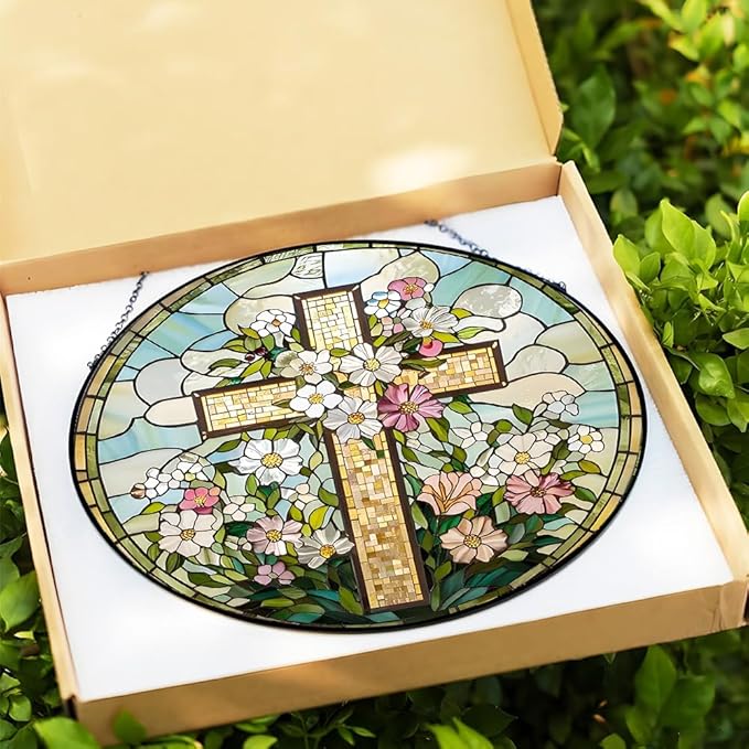 8 Inch Stained Glass Cross Suncatcher for Window Hanging, Christian Stained Glass Windows Hanging Religious Gifts for Women, Sun Catcher for Home Garden Decor, Easter, Faith,Baptism, Memorial (Cross)