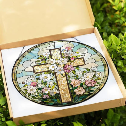 8 Inch Stained Glass Cross Suncatcher for Window Hanging, Christian Stained Glass Windows Hanging Religious Gifts for Women, Sun Catcher for Home Garden Decor, Easter, Faith,Baptism, Memorial (Cross)