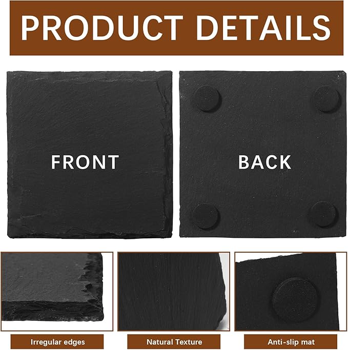 Slate Coasters, Black 4 Inch Bulk Blank Rock Coasters Blank Laser Engraving, Hand Painted DIY, Scratch Resistant Bottom (48 Square Coasters)