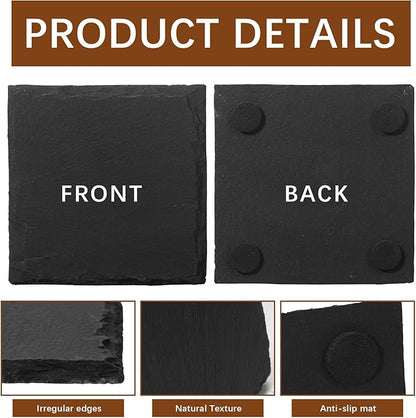 Slate Coasters, Black 4 Inch Bulk Blank Rock Coasters Blank Laser Engraving, Hand Painted DIY, Scratch Resistant Bottom (48 Square Coasters)