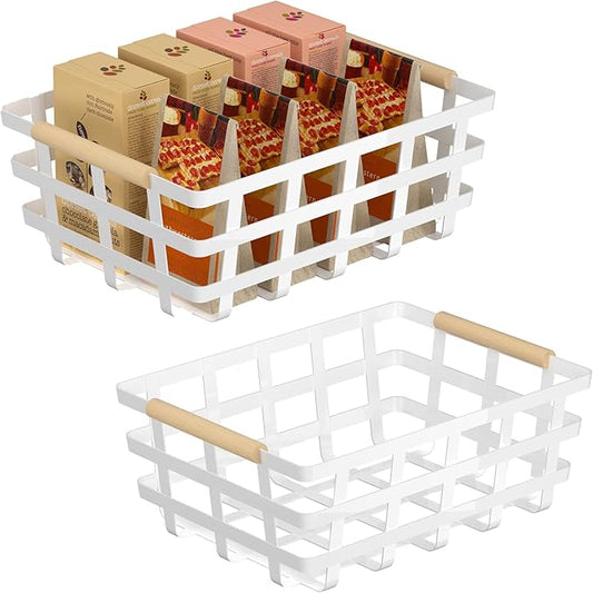 X-Large Farmhouse Wire Metal Baskets Storage Organizer Farmhouse Storage Bin Basket with Wood Handles for Pantry Cabinets Rustic Kitchen Counter Closet- White