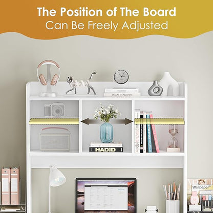 SUPER DEAL Desktop Bookshelf, Countertop Storage Hutch with 4 Shelves for Computer Desk, 2-Tier Display Rack, Multipurpose Wood Desk Hutch Storage Organizer for Home Office Dorm, White
