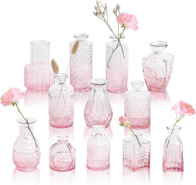 Pink Ombré Glass Bud Vase Set of 12, Vintage Embossed Mini Flower Vases for Centerpieces, Wedding, Bridal Shower, Baby Shower, Birthday Party, Decorative Small Glass Bottles for Home Decor