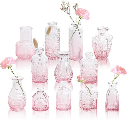 Pink Ombré Glass Bud Vase Set of 12, Vintage Embossed Mini Flower Vases for Centerpieces, Wedding, Bridal Shower, Baby Shower, Birthday Party, Decorative Small Glass Bottles for Home Decor