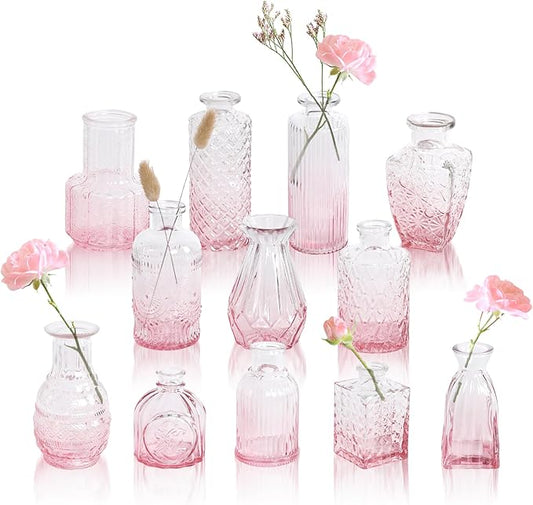 Pink Ombré Glass Bud Vase Set of 12, Vintage Embossed Mini Flower Vases for Centerpieces, Wedding, Bridal Shower, Baby Shower, Birthday Party, Decorative Small Glass Bottles for Home Decor