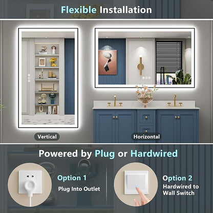 66x40 Black Framed LED Bathroom Mirror with Lights, Backlit and Front Lit, Anti-Fog Lighted Vanity Mirrors for Bathroom Wall, Dimmable, 3-Color Light, Memory, Shatter-Proof, HD Tempered Glass