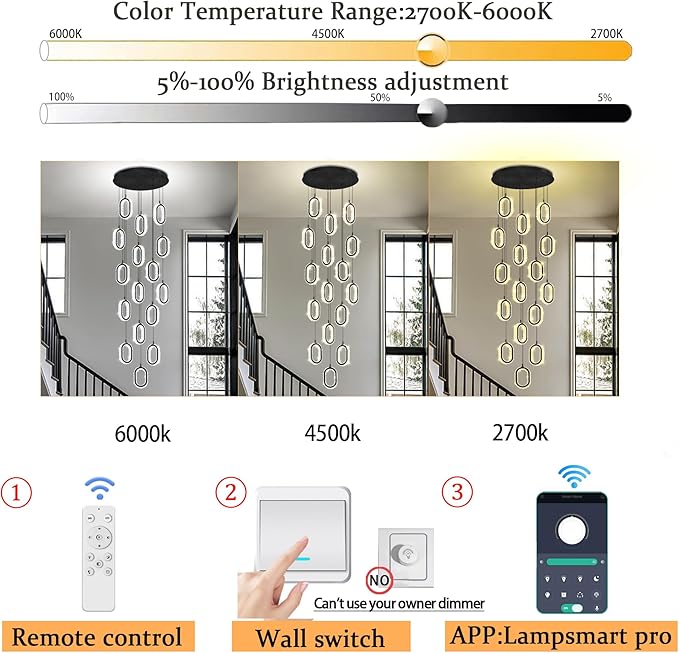 Modern Large Ring Chandelier for High Ceiling Black Stair Chandeliers for Foyer LED Crystal Ring Drop Chandelier Dimmable 2700K-6000K 16-Light
