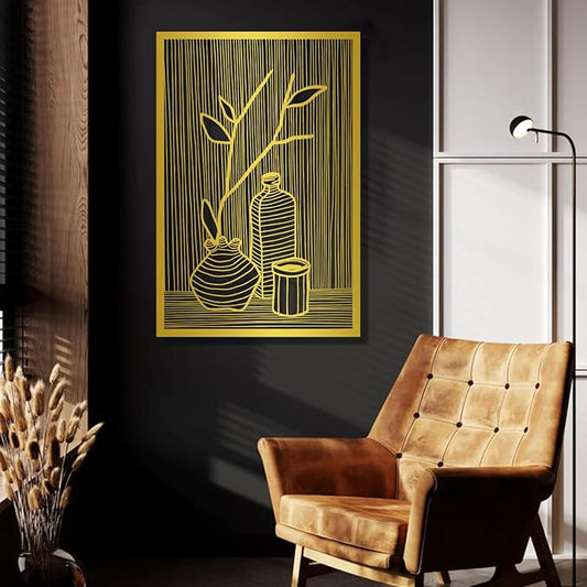 Metal Vertical Abstract Minimalist Modern Wall Art, Vase Metal Wall Decor, Minimalist Art, Abstract Line Wall Decor, Line Art for Living Room Bedroom Decor (Gold, 53 x 35 inches / 135 x 90 cm, Vase Decoration)