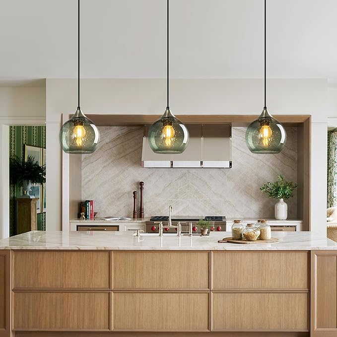 Gray Green Glass Pendant Lights Kitchen Island Lighting Globe Pendant Light Fixtures Modern Pendant Lighting for Kitchen Island Bedroom Living Dining Room Light Fixture(5.9in, 1-Pack)