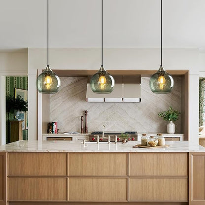 Gray Green Glass Pendant Lights Kitchen Island Lighting Globe Pendant Light Fixtures Modern Pendant Lighting for Kitchen Island Bedroom Living Dining Room Light Fixture(5.9in, 2-Pack)