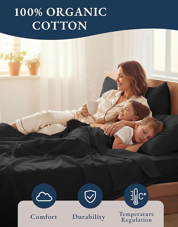 Lane Linen 100% Organic Cotton California King Sheets Set, 4-Piece Pure Organic Cotton Long Staple Percale Weave Ultra Soft Best Bedding Sheets for Bed, Breathable, Fits Mattress Upto 15" Deep - Black