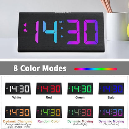 Wooden Digital Alarm Clock with Dual USB Charging Ports, DST, Dimmable, Snooze, RGB Colors, Modern Large Time Display LED Clock for Kids Bedrooms, Living Room, Desk, Table, Bedside, Nightstand (Black)