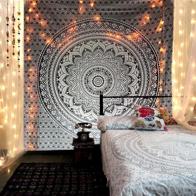 raajsee Grey Black Mandala Tapestry Bedroom Aesthetic - Indie Wall Tapestries Hippie Room Decor - Boho White Trippy Tapestrys Wall Hanging - Mandalas Wall Art 82x92 Inches