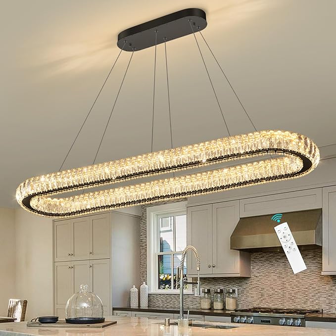 LED Oval Ring Chandelier Crystal Pendant Lighting for Dining Table Kitchen Island Remote Dimmable Hanging Light Chandeliers for Entryway Living Room Lights Black