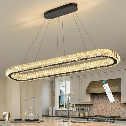 LED Oval Ring Chandelier Crystal Pendant Lighting for Dining Table Kitchen Island Remote Dimmable Hanging Light Chandeliers for Entryway Living Room Lights Black