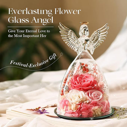 Valentines Day Roses Gifts for Women,Preserved Real Flowers Roses in Glass Angel Figurines,Valentines Day Gifts for Women Mom Wife Girlfriend./Pink