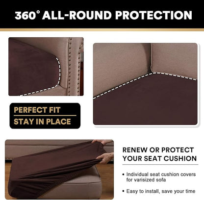PrinceDeco Brown Furniture Cover, 2 Pcs Velvet Stretch Sofa Cushion Covers for Individual Cushions, Pet Friendly, Stay in Place, Machine Washable