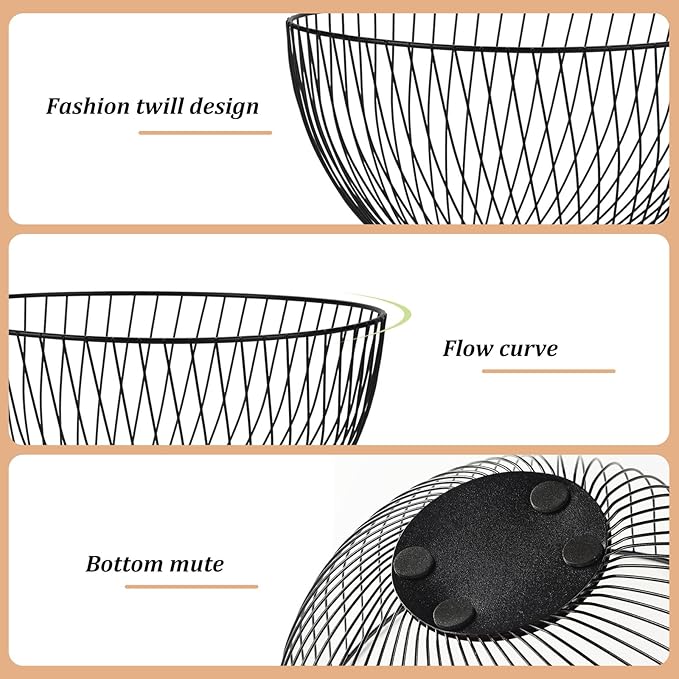 IBWell Black Wire Fruit Basket Fruit Bowl Kitchen Fruit Basket Stand Fruit Bowls for the Counters Metal Fruit Bowl (Round-Twill Large)
