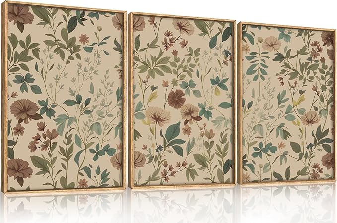 Aryroi Large Abstract Vintage Floral Framed Canvas Wall Art Set,Boho Retro Neutral Wildflower Wall Decor,Mid Century Antique Flower Botanical Artwork for Living Room,Bedroom,Farmhouse- 24"x36"x3