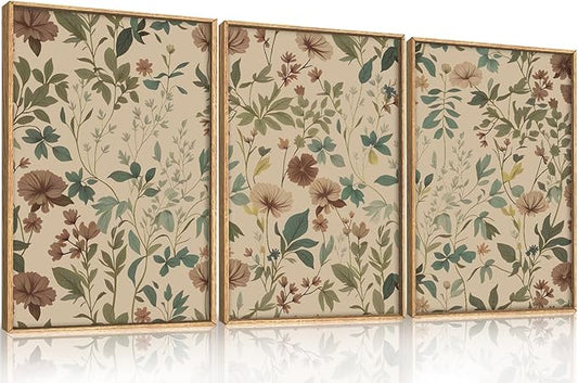 Aryroi Large Abstract Vintage Floral Framed Canvas Wall Art Set,Boho Retro Neutral Wildflower Wall Decor,Mid Century Antique Flower Botanical Artwork for Living Room,Bedroom,Farmhouse- 24"x36"x3