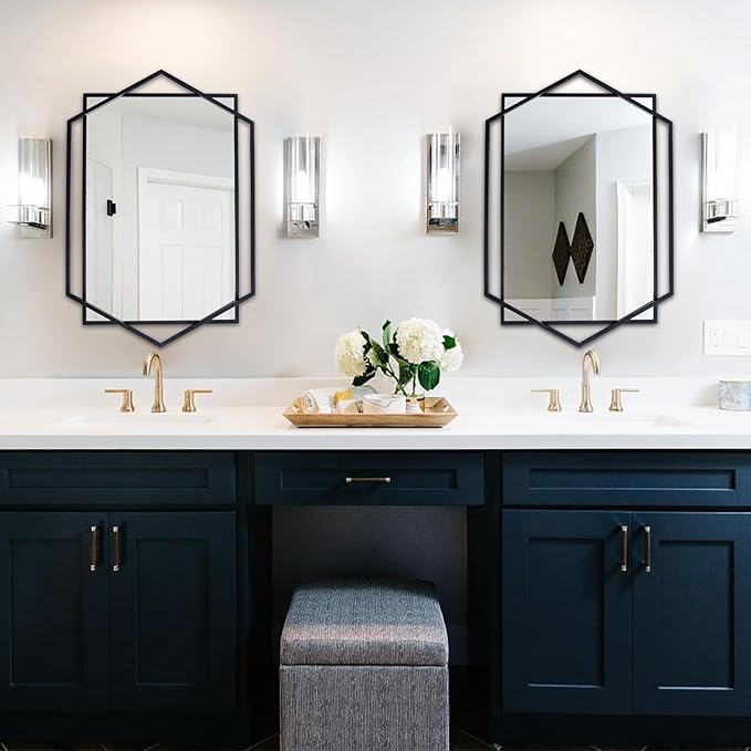 Black Bathroom Mirror, 20"x32" Decorative Mirror for Living Room with Hexagon and Rectangular Metal Frame, Entryway Mirror for Wall Decor, Vertical or Horizontal Hanging
