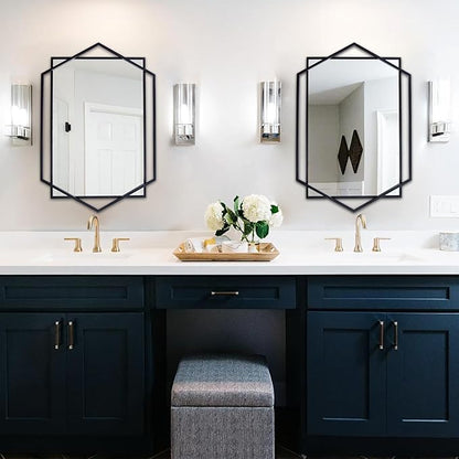 Black Bathroom Mirror, 20"x32" Decorative Mirror for Living Room with Hexagon and Rectangular Metal Frame, Entryway Mirror for Wall Decor, Vertical or Horizontal Hanging