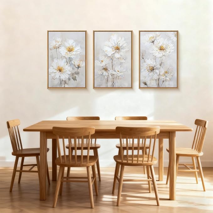 Aryroi Watercolor White Daisy Wildflower Framed Canvas Wall Art Set,Modern Natural Beige Floral Wall Decor,Minimalist Dreamy Flower Botanical Artwork For Living Room, Bedroom,Farmhouse-24 x36 x3