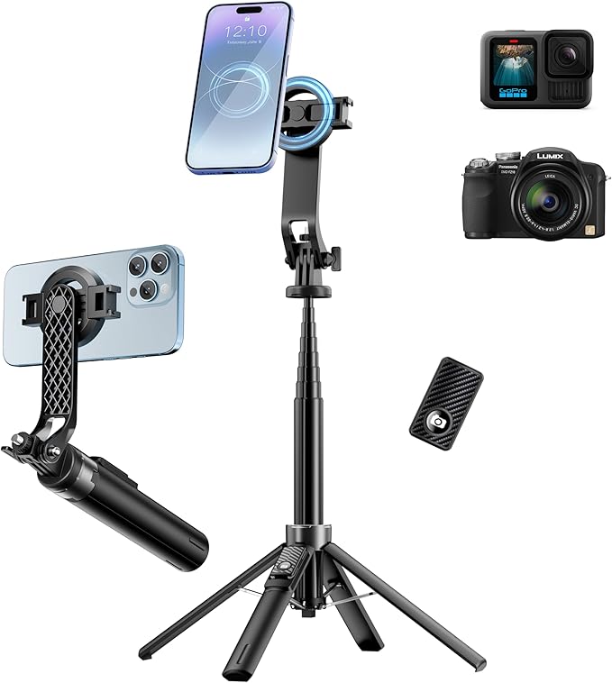 FOURPILLARS Magnetic Phone Tripod, 53" Selfie Stick Tripod for iPhone with Remote & 2 in 1 Magnetic Holder, 360° Rotating Portable Cell Phone Stand for Video Recording, Compatible with Android, Camera