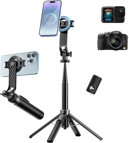 FOURPILLARS Magnetic Phone Tripod, 53" Selfie Stick Tripod for iPhone with Remote & 2 in 1 Magnetic Holder, 360° Rotating Portable Cell Phone Stand for Video Recording, Compatible with Android, Camera