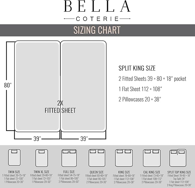 Bella Coterie Luxury Bamboo Viscose Split King Size Sheet Set | 2 Fitted Sheets for Sleep Number & Adjustable Beds | 100% Organically Grown | Cooling & Ultra Soft | 18” Deep Pocket [Raisin]