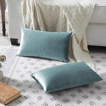 GIGIZAZA Stone Blue 12x20 Velvet Decorative Lumbar Throw Pillow Covers for Sofa Bed 2 Pack Soft Cushion Cover