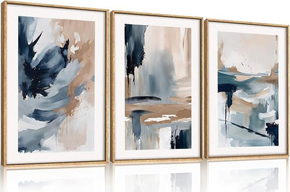 Aryroi Abstract Navy Blue Framed Canvas Wall Art Set,Neutral Brush Stroke Wall Decor,Watercolor Pastel Brown Artwork,Modern Minimalist Color Block Art Print For Living Room,Bedroom,Office-16 x24 x3