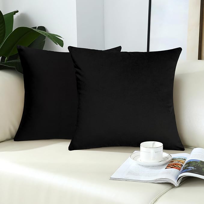 mixeoo Black Comfy Throw Pillow Covers Decorative Velvet Square Couch Cushion Cases for Livingroom Sofa Decor, Set of 2,18 x 18 Inches
