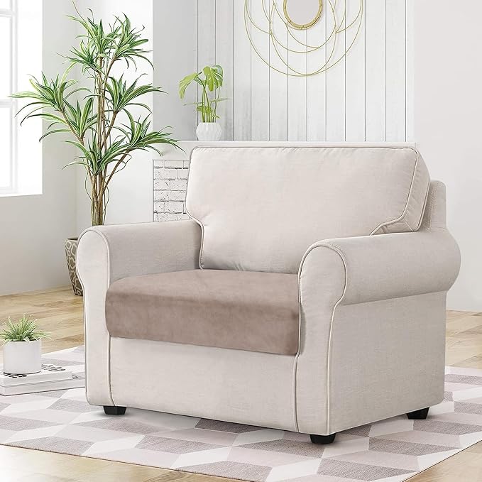 Couch Cushion Cover Velvet 1 Piece Seat Cushion Cover Stretch Armchair Cover Separate Sectional Sofa Slipcovers Furniture Protector (1-Seater or Sofa Backrest, Tan)