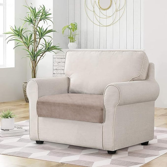 Couch Cushion Cover Velvet 1 Piece Seat Cushion Cover Stretch Armchair Cover Separate Sectional Sofa Slipcovers Furniture Protector (1-Seater or Sofa Backrest, Tan)