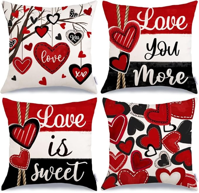 GEEORY Valentine's Day Throw Pillow Covers 18x18 Inch Set of 4, Valentines Red Black Hearts Love You More Decorative Farmhouse Holiday Cushion Case for Home Decoration G644-18
