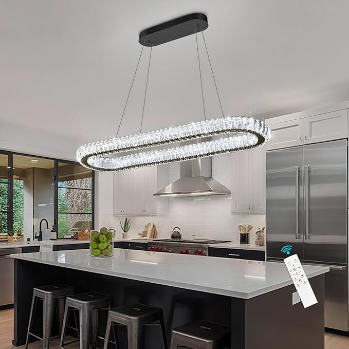 LED Ring Chandelier Oval Rings Pendant Lights for Dining Table Kitchen Island Remote Dimmable Hanging Light Chandeliers for Entryway Living Room Crystal Lighting Black