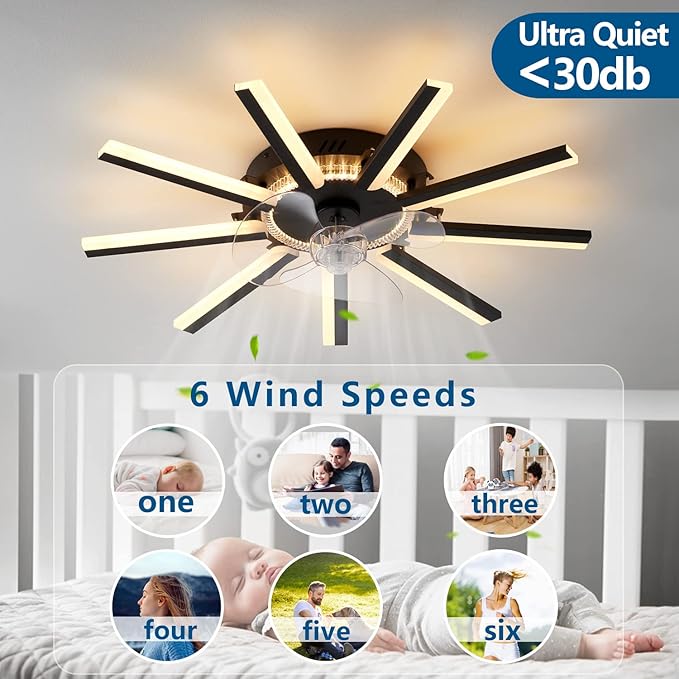 HuixuTe 27" Black Straight Strip Ceiling Fan with Lights Remote Control, 3 Colors 6 Speeds Low Profile Ceiling Fan with Light for Kitchen Bedroom