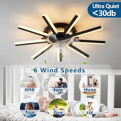 HuixuTe 27" Black Straight Strip Ceiling Fan with Lights Remote Control, 3 Colors 6 Speeds Low Profile Ceiling Fan with Light for Kitchen Bedroom