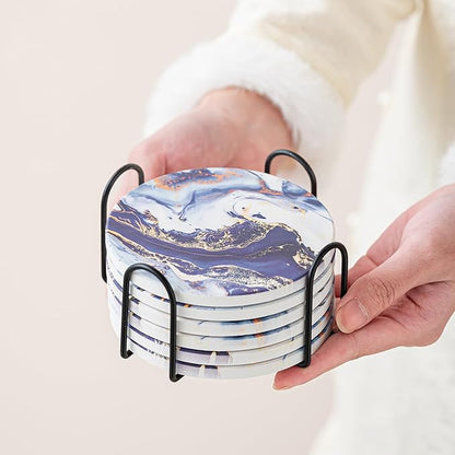 Ceramic Drink Coasters Set of 6 with Holder, Modern Marble Absorbent Ceramic Coasters, Round Ceramic Table Coasters for Home Decor Coffee Kitchen (4 Inches), Sea Blue