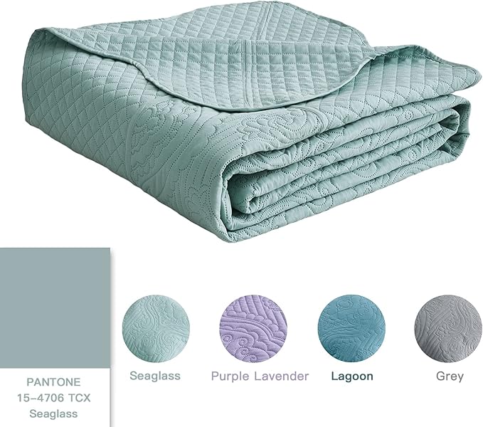 HZ & HY Oversized King Bedspread, Ultrasonic Coverlet Bedding Set, Lightweight Thin Comforter, Reversible, 5 Piece, 100% Microfiber, Seaglass