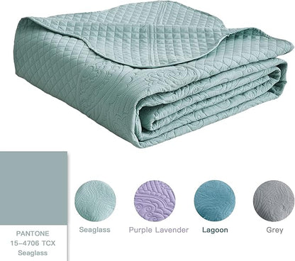 HZ & HY Oversized King Bedspread, Ultrasonic Coverlet Bedding Set, Lightweight Thin Comforter, Reversible, 5 Piece, 100% Microfiber, Seaglass