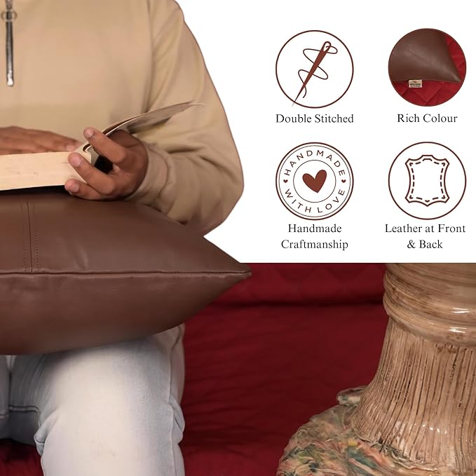Lambskin Leather Pillow Cover, Hand Panel Stitched Leather Decorative Throw Pillow Covers for Couch Sofa Bed Living Room Garden (22x22 Inches, Dark Brown Pack of 2)