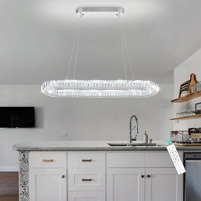LED Ring Chandelier Oval Rings Pendant Lights for Dining Table Kitchen Island Remote Dimmable Hanging Light Chandeliers for Entryway Living Room Crystal Lighting Silver