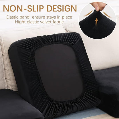 hyha Velvet Couch Cushion Covers, Soft Sofa Seat Covers for sectional 2 Cushion Couch Washable, Magic Sofa Slipcover with Elastic Bottom, Non-Slip Furniture Protector for Pets, Kid(Medium, Black)