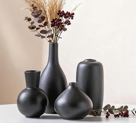 Black Ceramic Flower Vase Set of 4, Modern Farmhouse Decorative Vases for Bookshelf,Dining Room Coffee Console Table Centerpieces