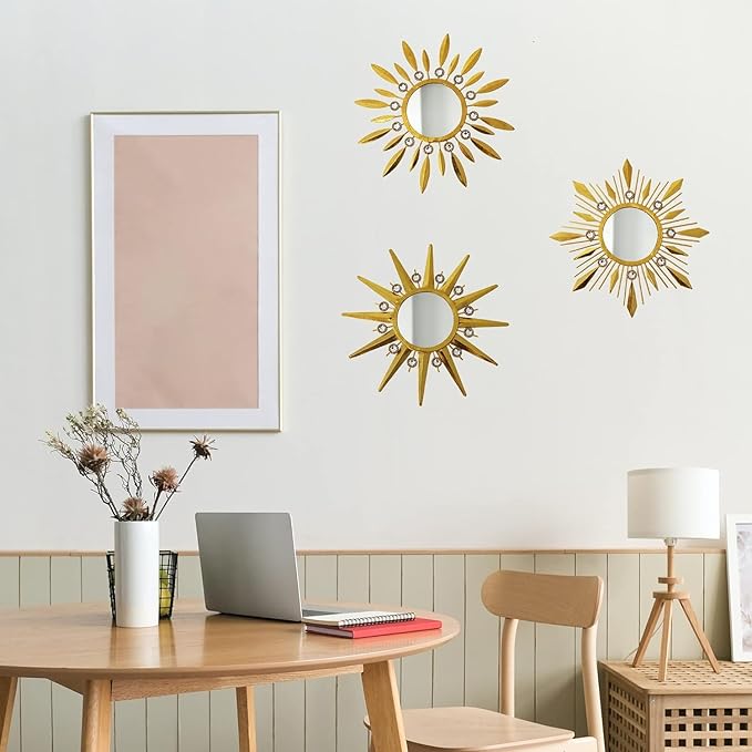Champagne Gold Round Mirrors for Wall Art Pack of 3, Decorative Mirror Wall Christmas Decor& Vintage Room Decor, Sunburst Circle Mirrors Modern for Women & Moms