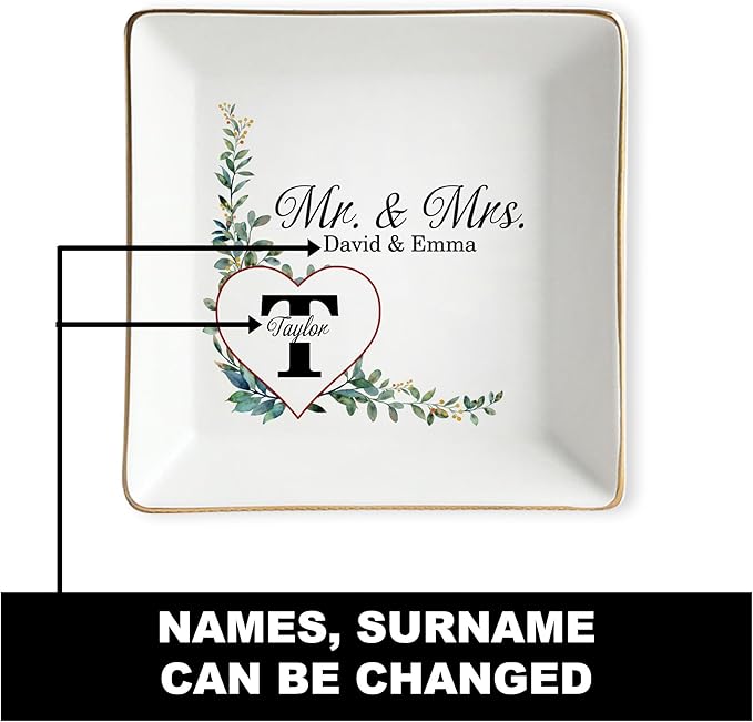 Personalized Wedding Jewelry Tray for Couple, Custom Mr and Mrs Ring Dish, Engagement Trinket Plate, Bridal Shower Ring Holder, Ceramic Keepsake Tray, Romantic Gift for Wife Husband