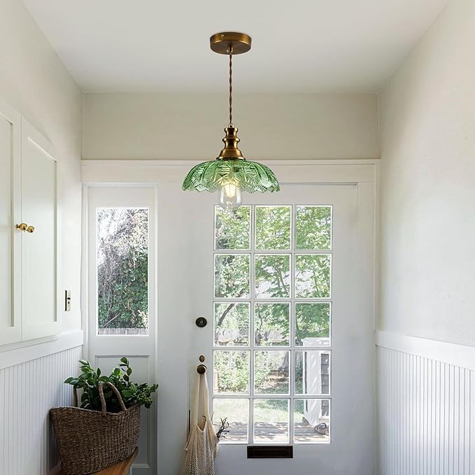1-Light Pendant Light with Brass Gold Metal Green Glass Shade and Adjustable Cord Industrial Ceiling Hanging Light for Kitchen Island Bar Dining Room Bedroom Foyer Hallway Farmhouse